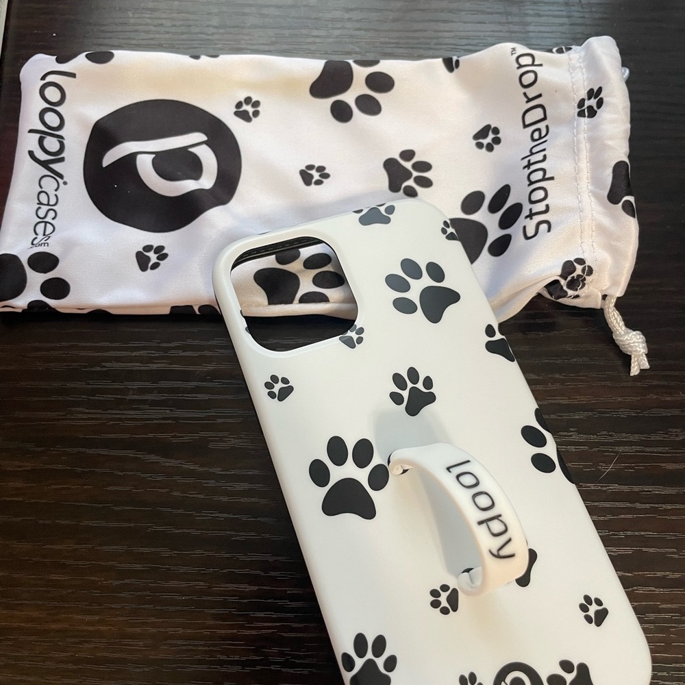 iPhone 12 Loopy Case Black Paw Print on White Phone Case